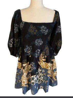 Anthropologie Black, Blue and Gold Smocked Flannel Dress